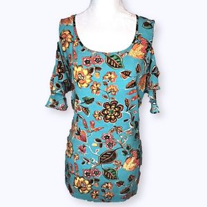 Rose + Olive Women's Top Teal Cold Shoulder Blouse